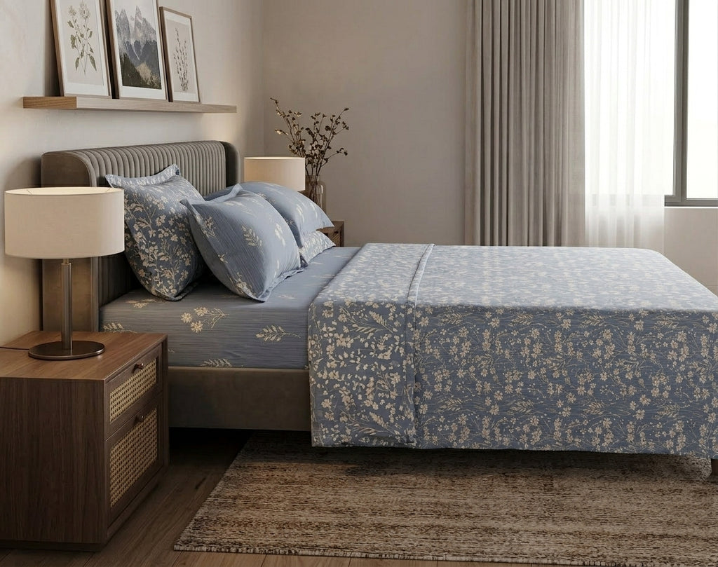 Chambray Floral Bedsheet Set – King Size with 2 Pillow Covers