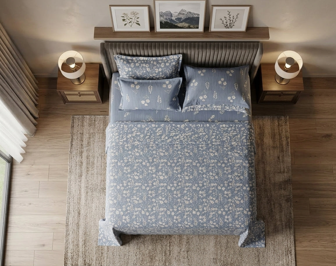 Chambray Floral Bedsheet Set – King Size with 2 Pillow Covers