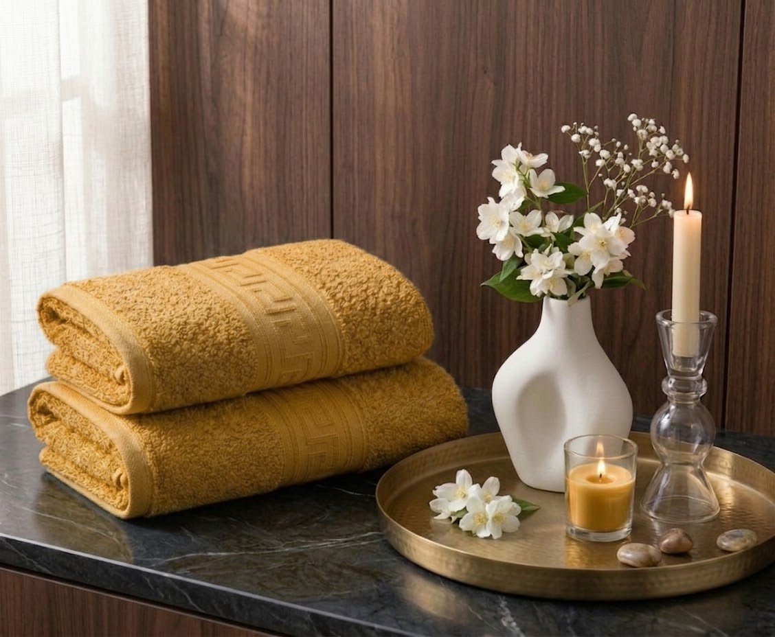 Greek Border Towel – Premium 2-Piece Light Yellow Towel Set