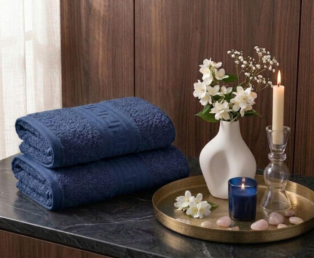Greek Border Towel – Premium 2-Piece Navy Blue Towel Set