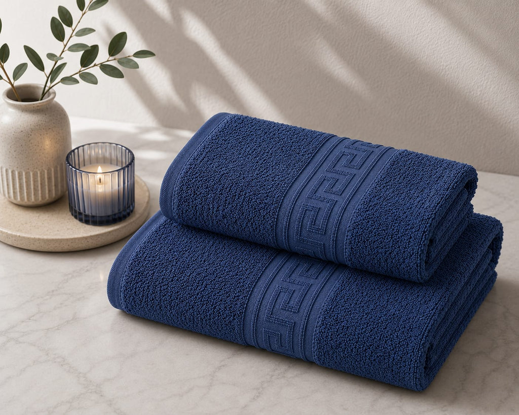 Greek Border Towel – Premium 2-Piece Navy Blue Towel Set