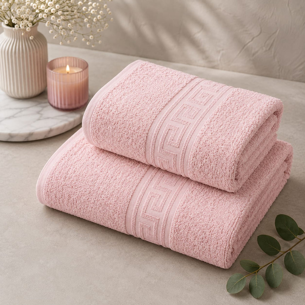 Greek Border Towel – Premium 2-Piece Baby Pink Towel Set