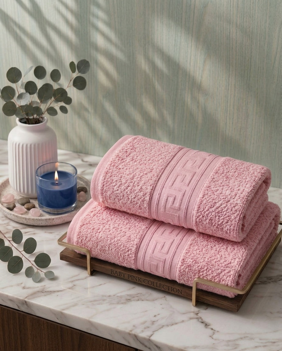 Greek Border Towel – Premium 2-Piece Baby Pink Towel Set