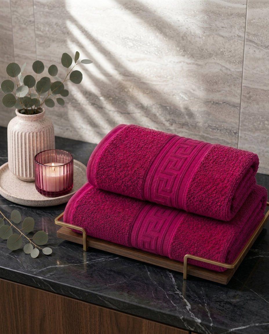 Greek Border Towel – Premium 2-Piece Bergundy Towel Set