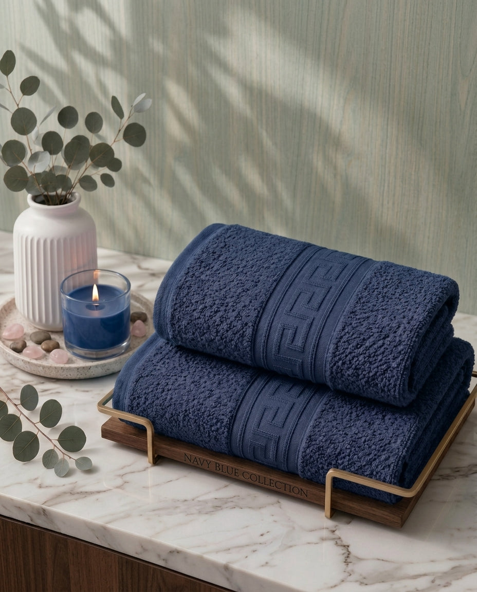Greek Border Towel – Premium 2-Piece Navy Blue Towel Set